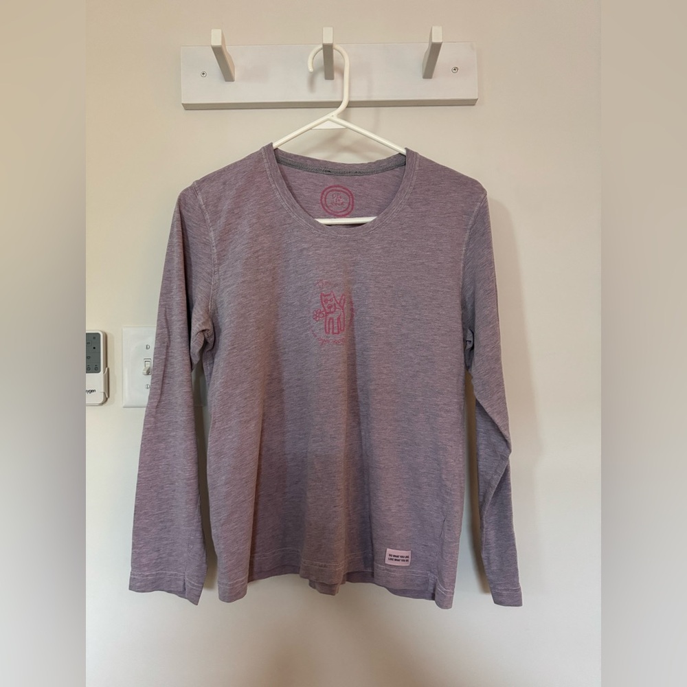 Life is Good Women’s Long Sleeve T-Shirt (M) - Dog with Flowers